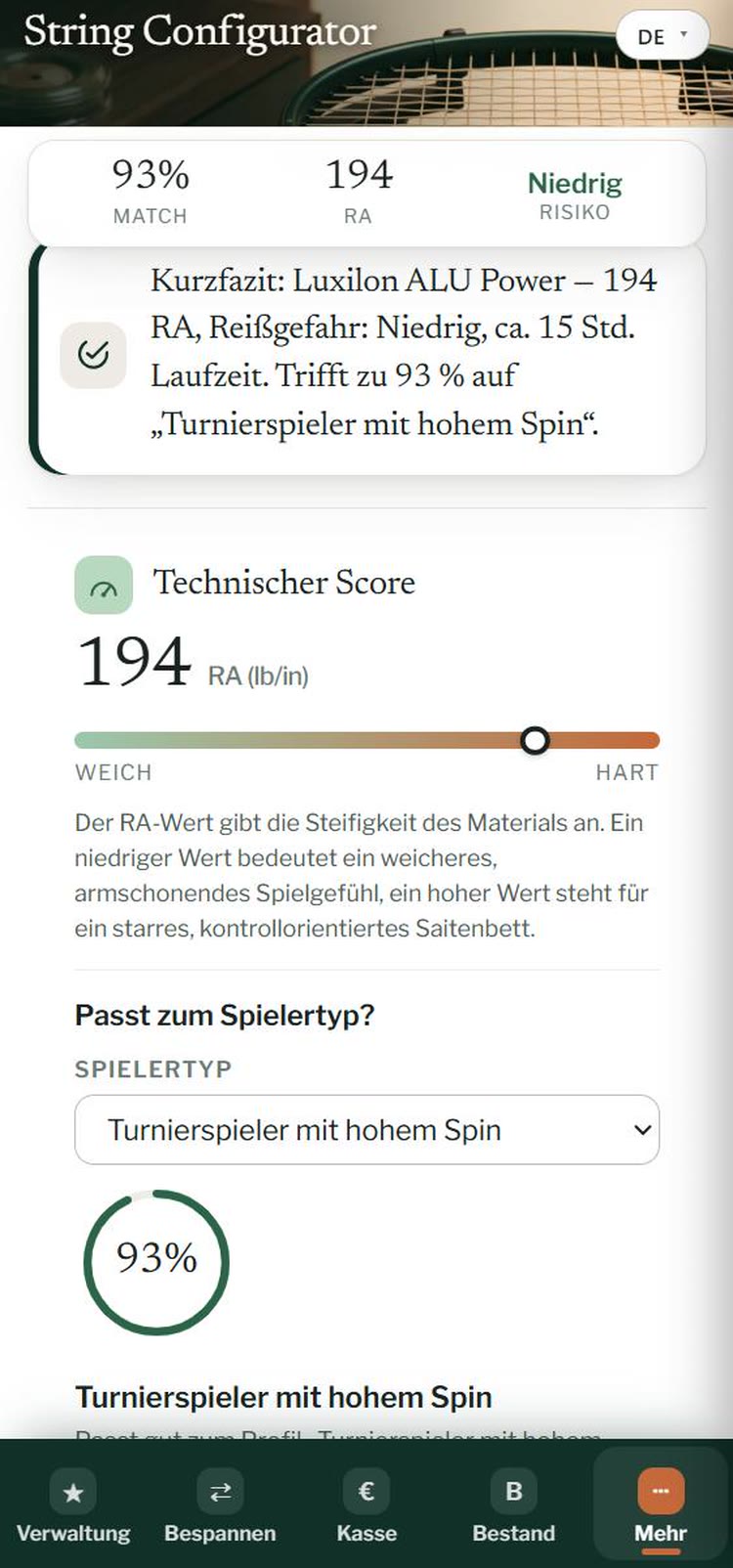 Stringcourt am Handy: String Configurator