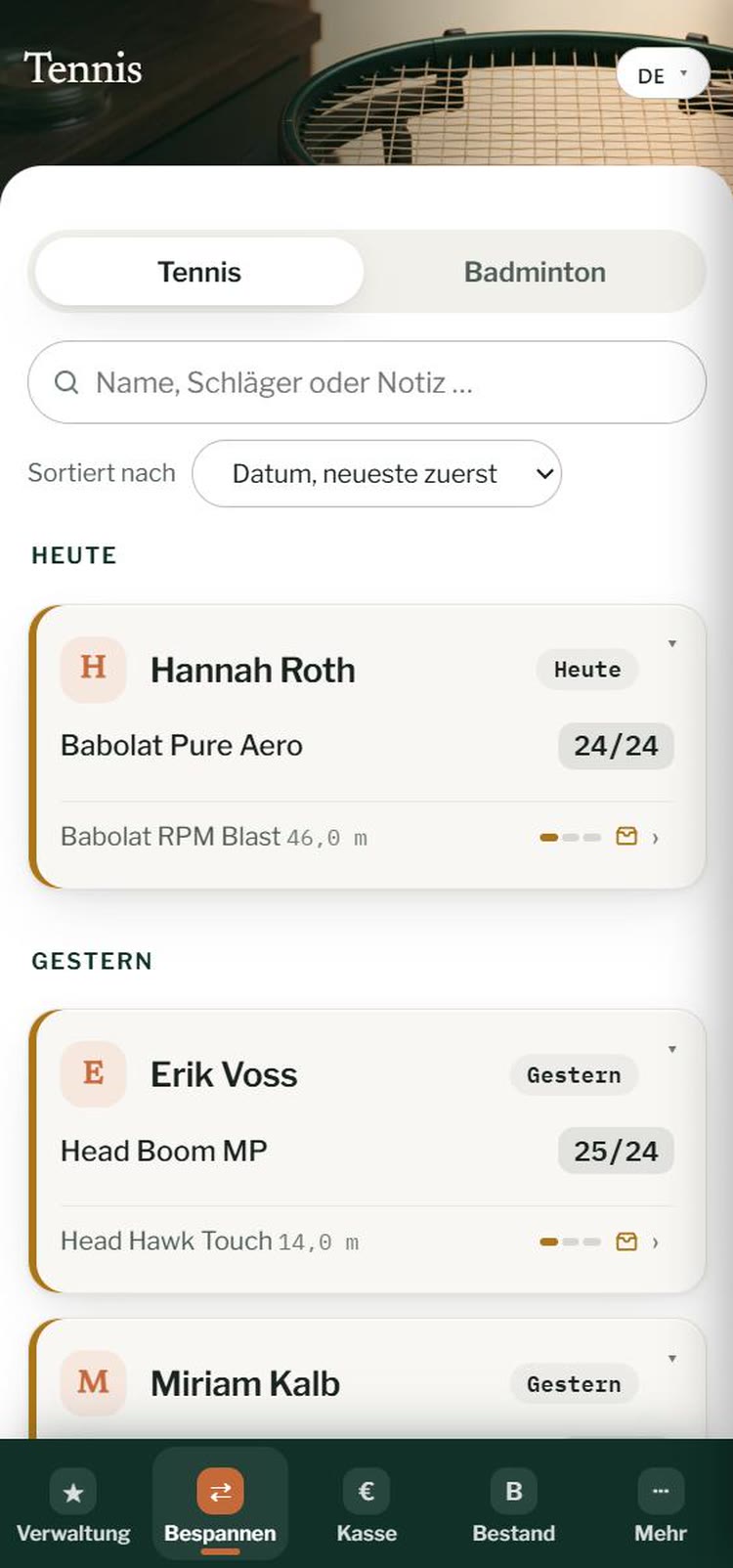 Stringcourt am Handy: Bespannen