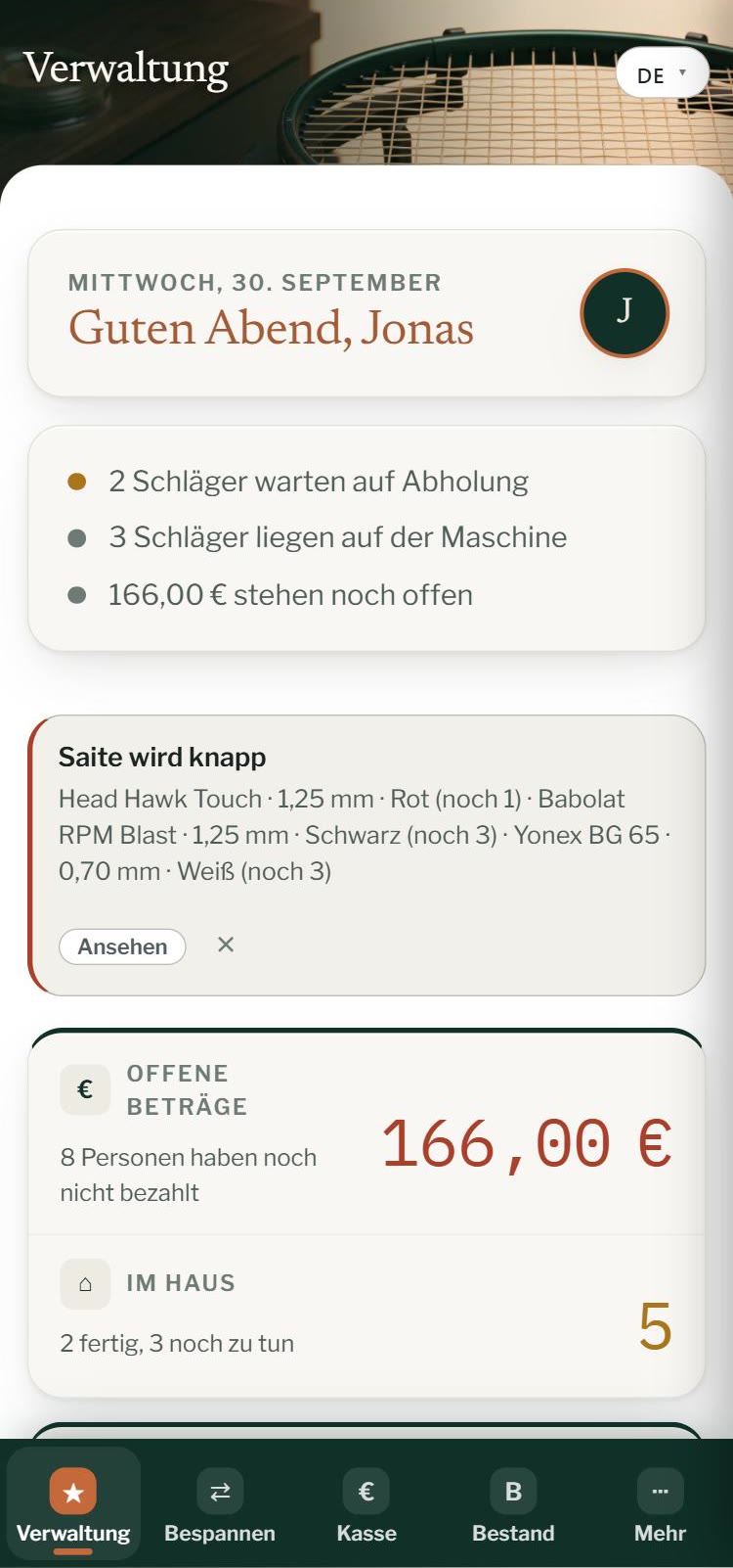 Stringcourt am Handy: Verwaltung