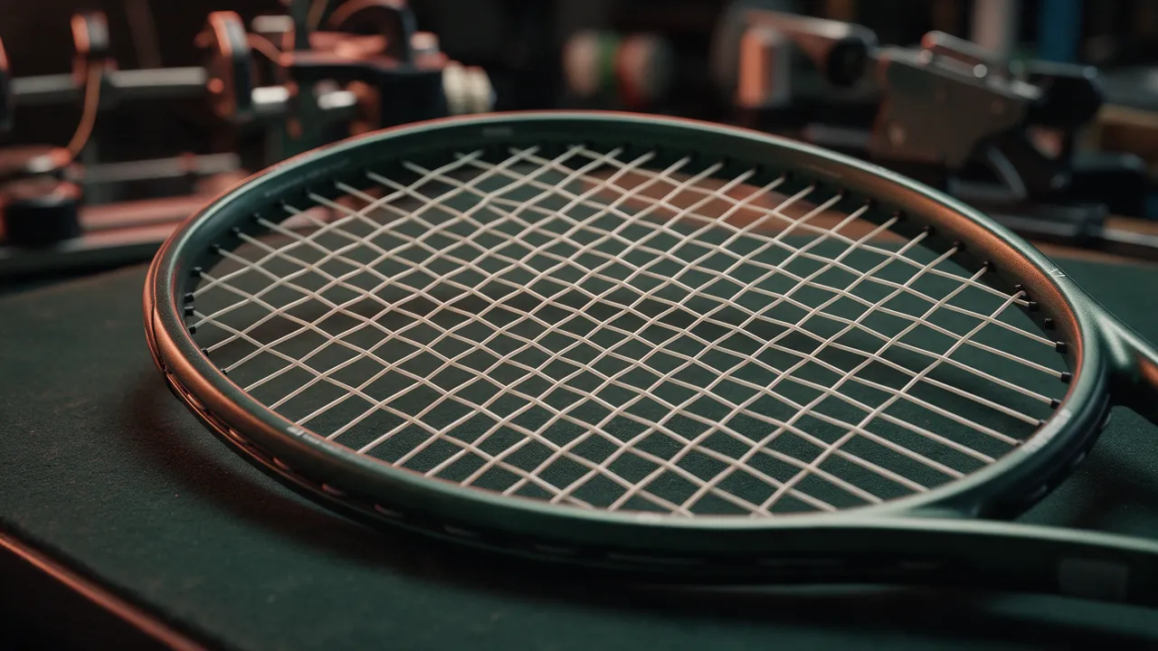Ein Tennisschläger mit frisch gespanntem Saitenbett in einer Bespannwerkstatt