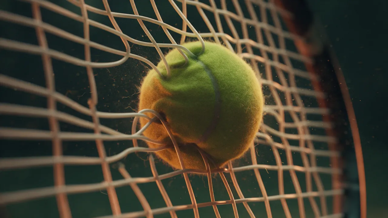 Zeitlupe: Ein Tennisball dellt das Saitenbett ein, die Saiten legen sich um den Ball